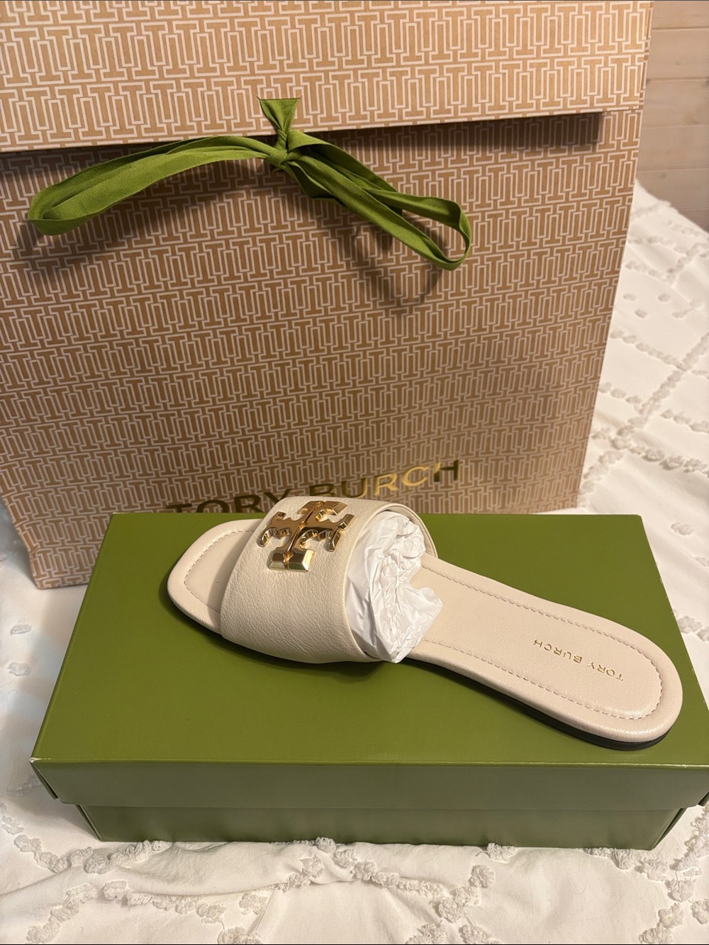Tory Burch Cream Leather Logo Slide Sandal with Gold Hardware